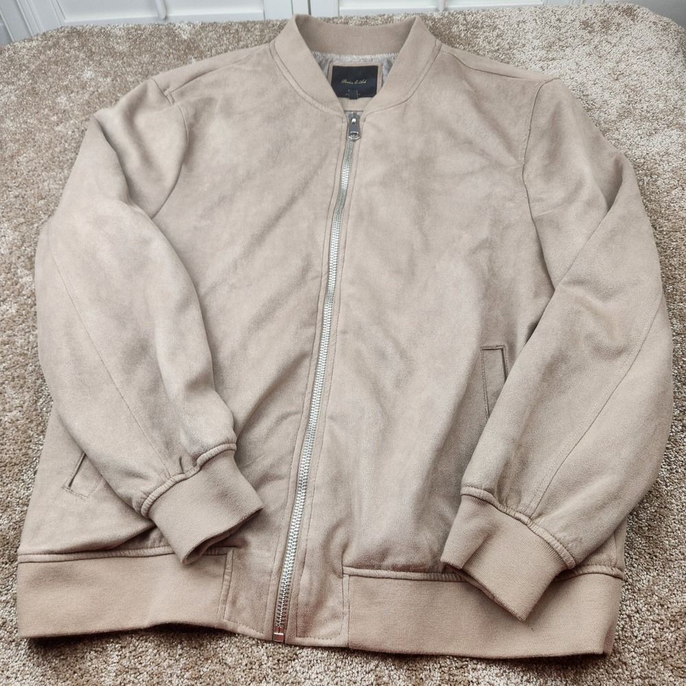 Porter & Ash Mens Tan Faux Suede Bomber Jacket XXL Paisley Lined Full Zip